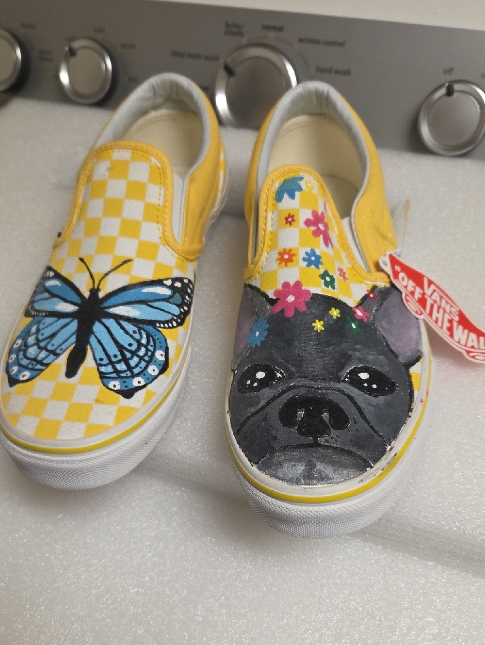 Vans  Yellow Slip-On Sneakers with Blue Butterfly & Painted Dog